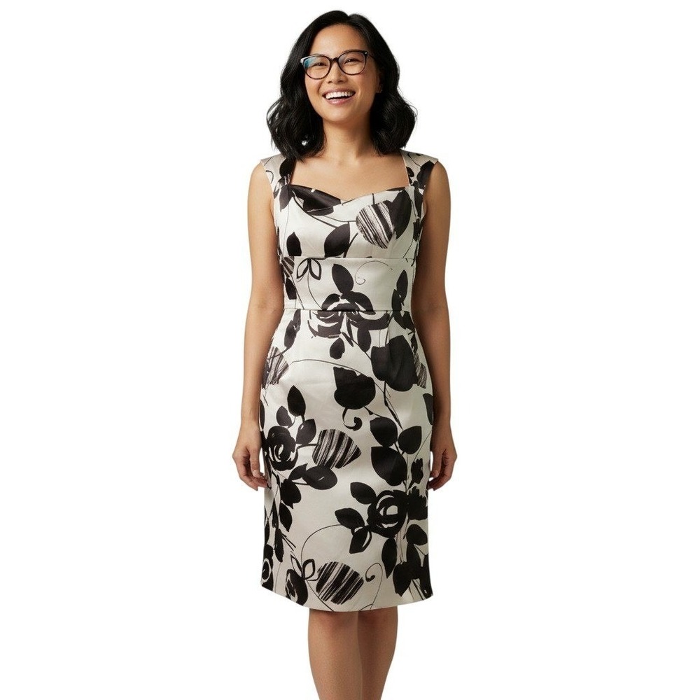 Maggy London Women's 8 Black White Floral Sheath Dress Sleeveless Midi